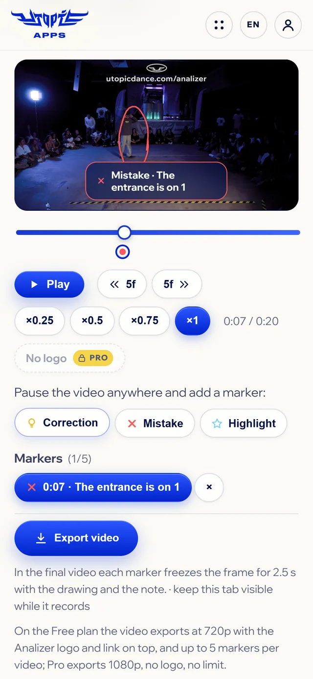 Analizer on a phone with a mistake marker: the red drawing over the video, the badge with the note and the controls.