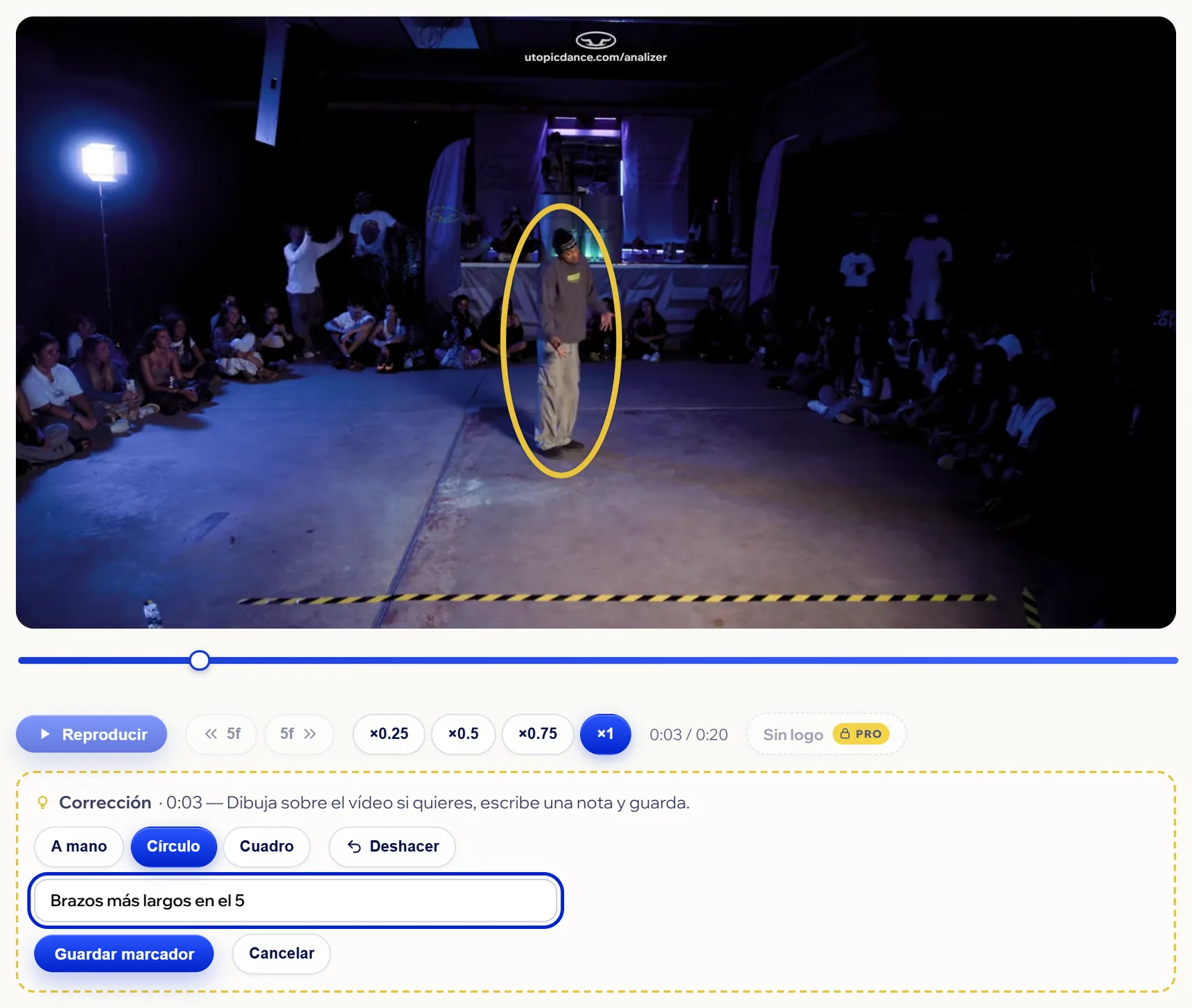 Un marcador de corrección a medias: un círculo amarillo, las formas A mano, Círculo y Cuadro, la nota y Guardar marcador.