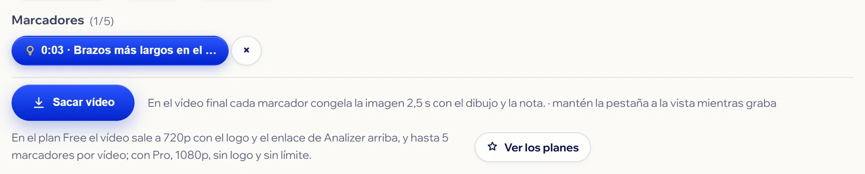 Exportar en Analizer: el botón Sacar vídeo, el aviso de que cada marcador congela la imagen 2,5 s y la nota del plan Free.