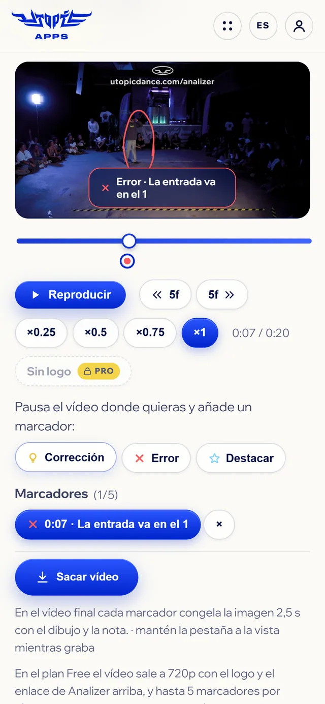 Analizer en un móvil con un marcador de error: el dibujo rojo sobre el vídeo, la chapa con la nota y los controles.