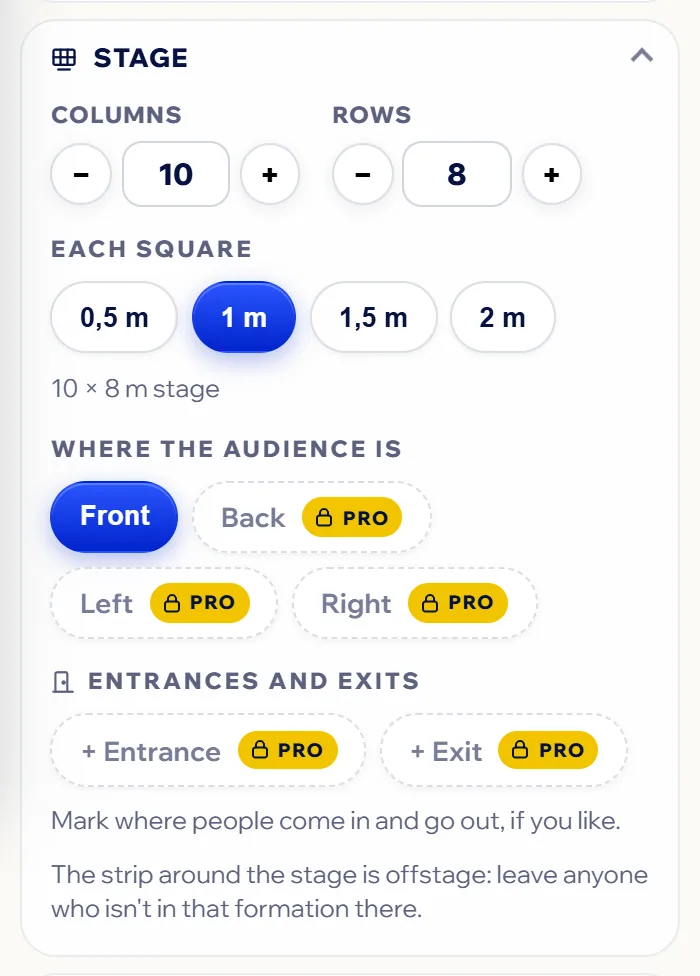 The Stage panel: columns, rows, each square, the size, where the audience is and entrances and exits.