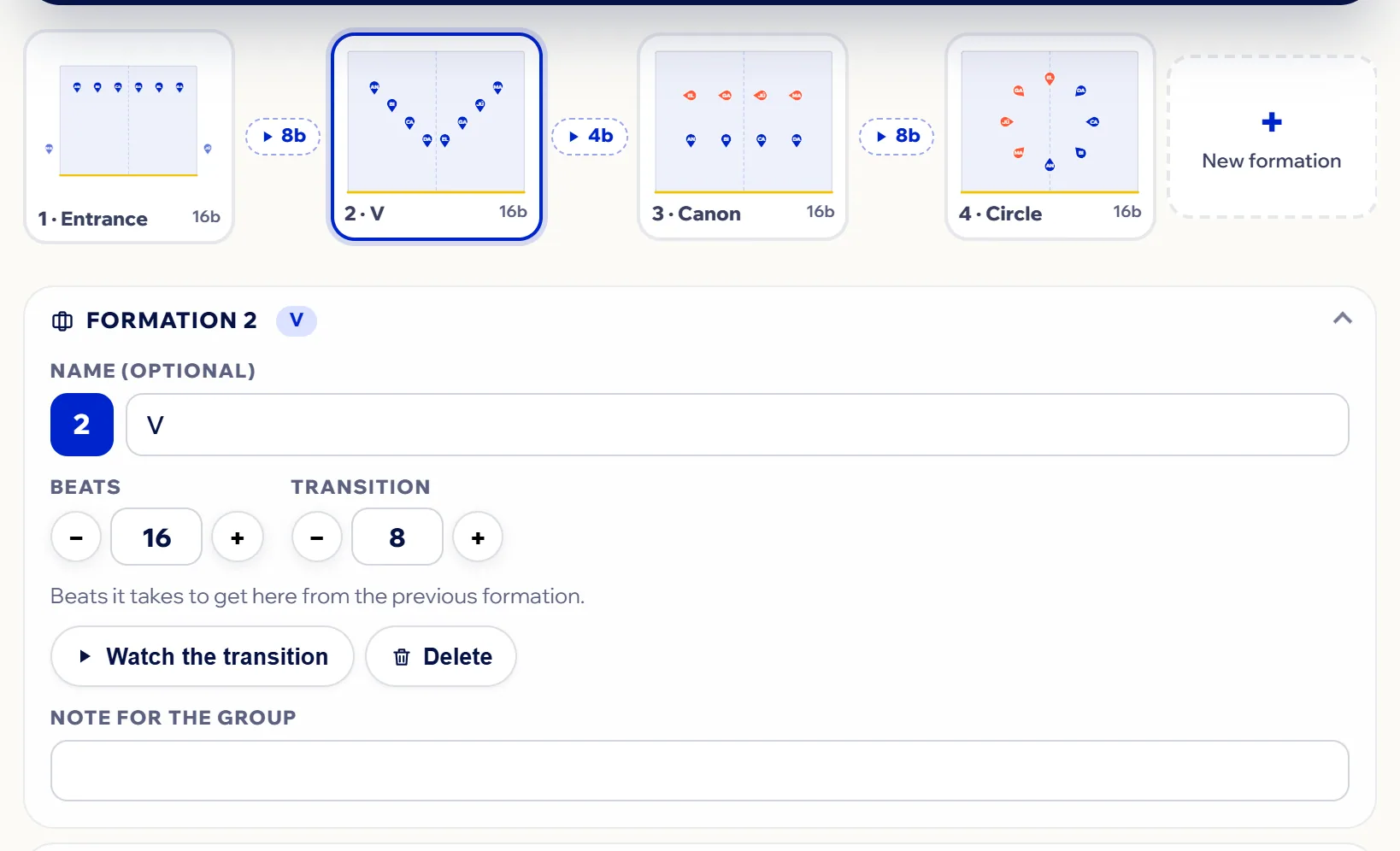 The formation strip with the transition pill between each one, and the Formation 2 panel: name, beats, transition, note.