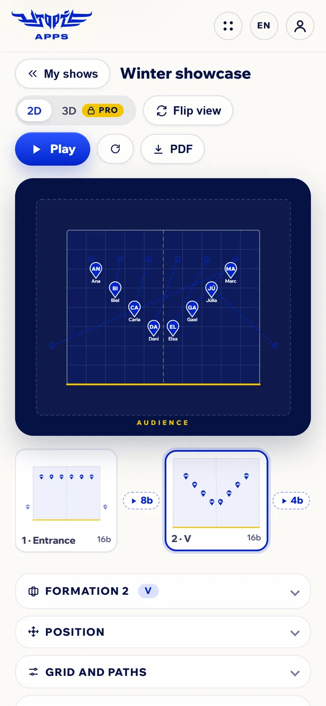 Formations on a phone: the buttons on top, the stage with the dancers and the formation strip below.