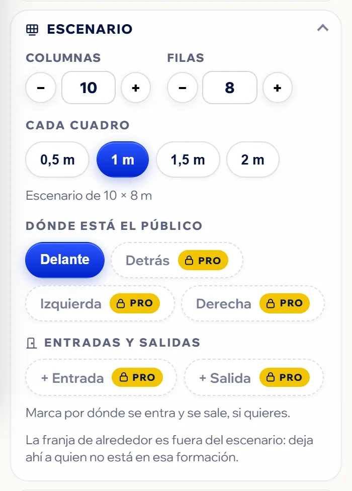 El panel Escenario: columnas, filas, cada cuadro, las medidas, dónde está el público y las entradas y salidas.
