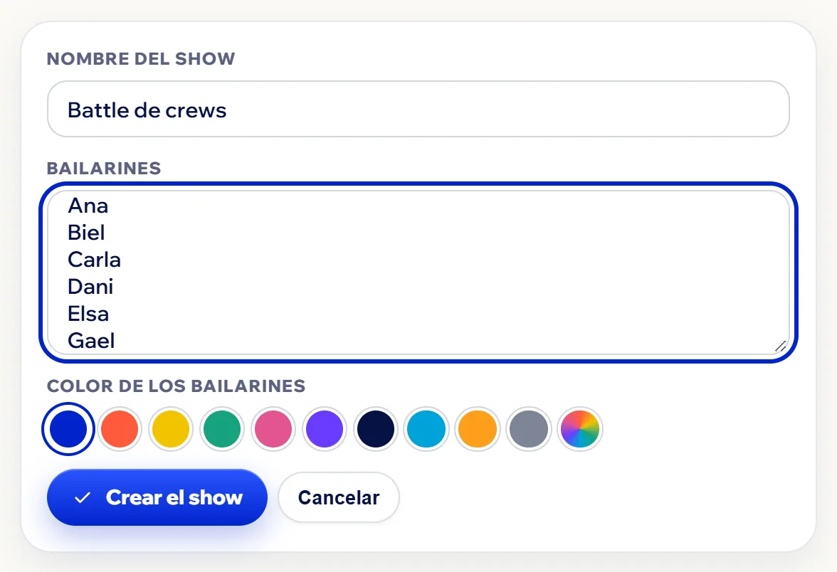 Un show nuevo: el nombre, la lista de bailarines, la paleta del color y los botones Crear el show y Cancelar.