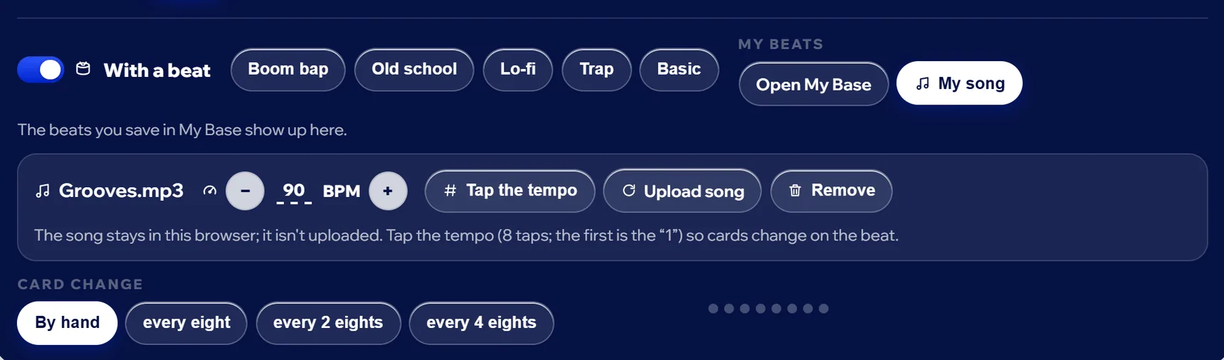 Your song in Freestyle Game: the file name, the tempo with − and +, Tap the tempo, Upload song and Remove.