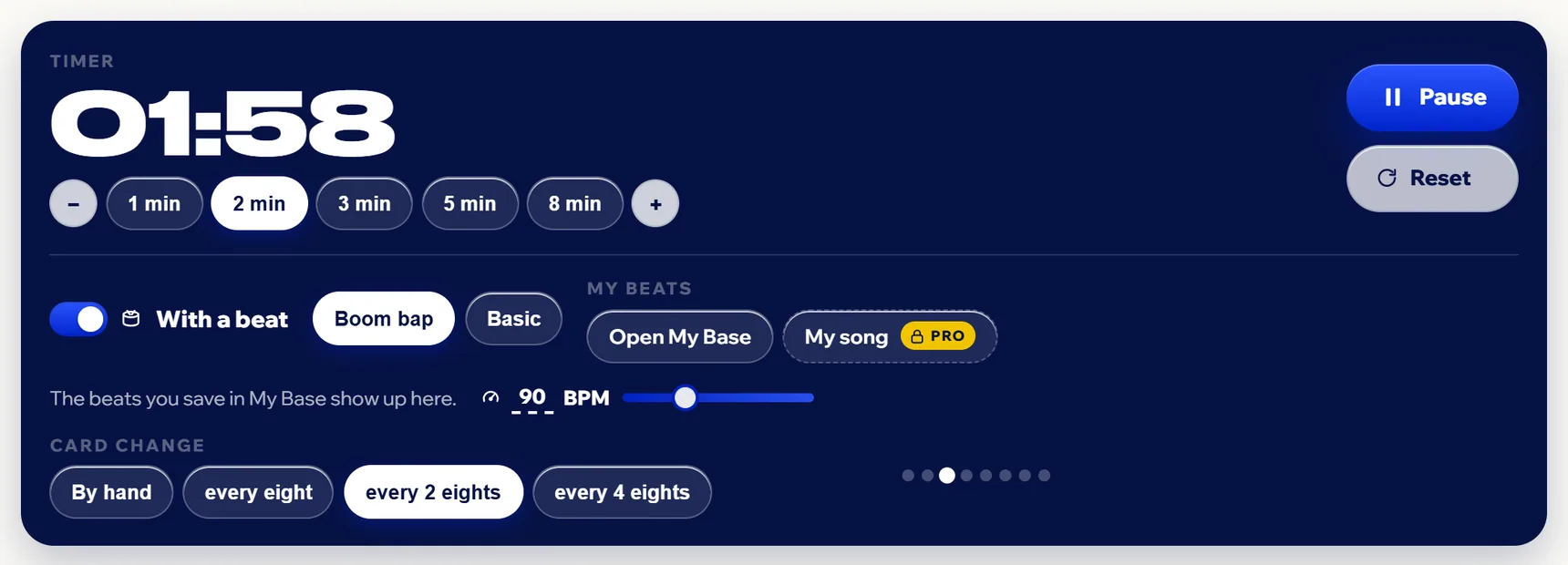 Playing with a beat: the Boom bap beat at 90 BPM, card change every 2 eights and the eight count dots.