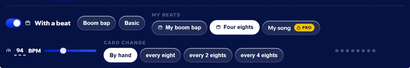 My beats with two beats saved in My Base, one of them selected, next to the example beats.