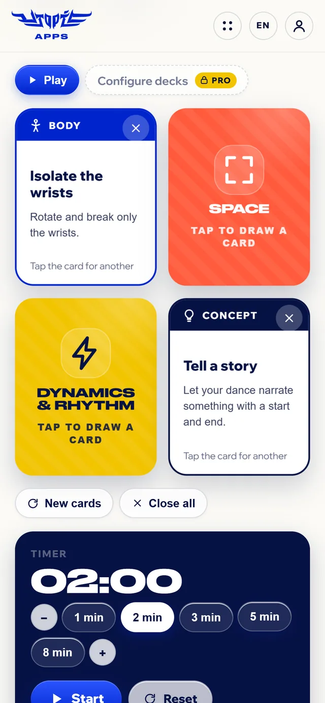 Freestyle Game on a phone: the four decks in two columns, two of them showing a card.