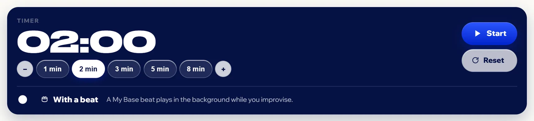 The Freestyle Game console: the timer at 2:00, the 1 to 8 minute buttons, Start, Reset and the With a beat checkbox.