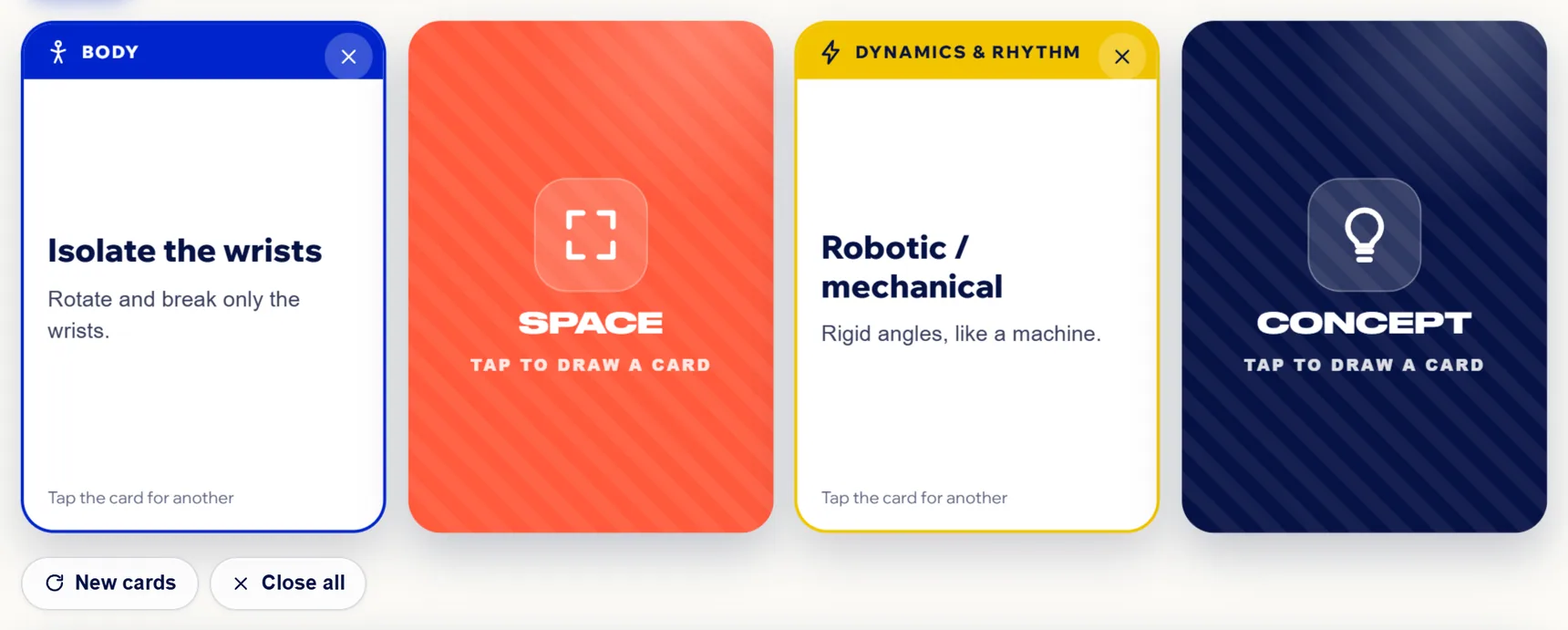 Freestyle Game: Body and Dynamics & rhythm open, Space and Concept face down; below, New cards and Close all.