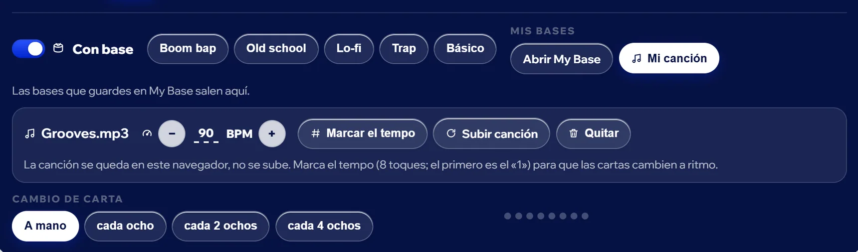Tu canción en Freestyle Game: el nombre del archivo, el tempo con − y +, Marcar el tempo, Subir canción y Quitar.