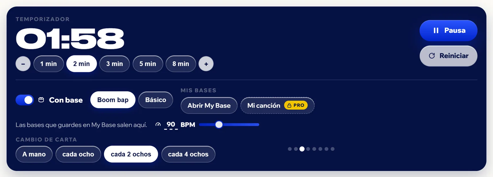 Jugar con base: la base Boom bap a 90 BPM, el cambio de carta cada 2 ochos y los ocho puntos de la cuenta.