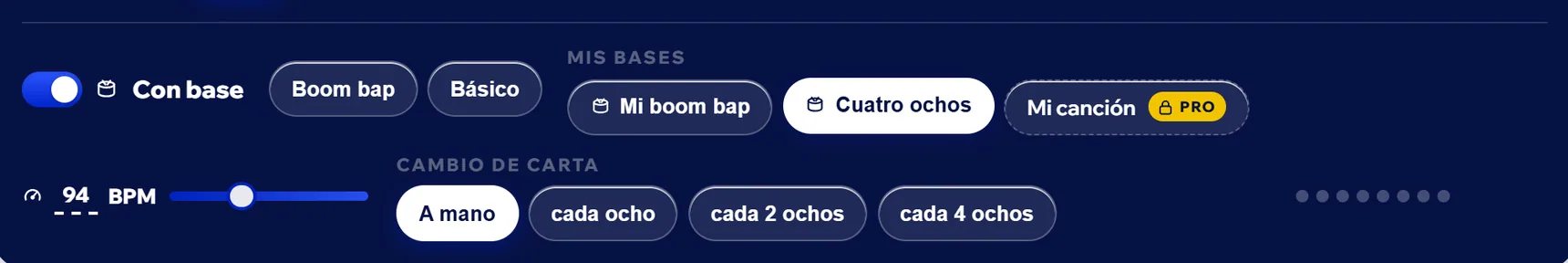 Mis bases con dos bases guardadas en My Base, una de ellas elegida, junto a las bases de ejemplo.