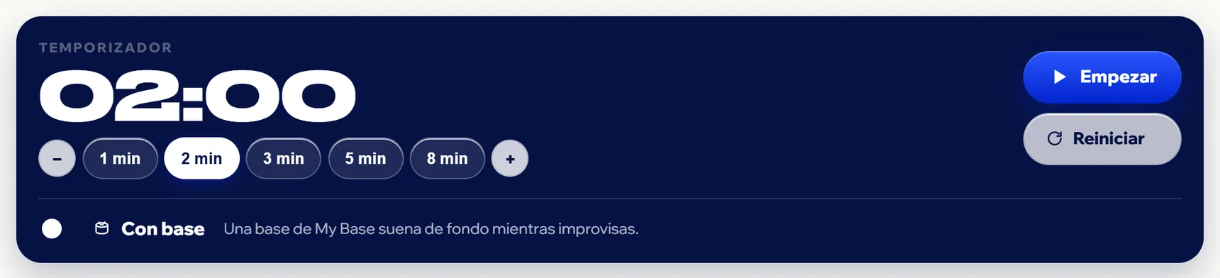 La consola de Freestyle Game: el temporizador en 2:00, los botones de 1 a 8 minutos, Empezar, Reiniciar y Con base.