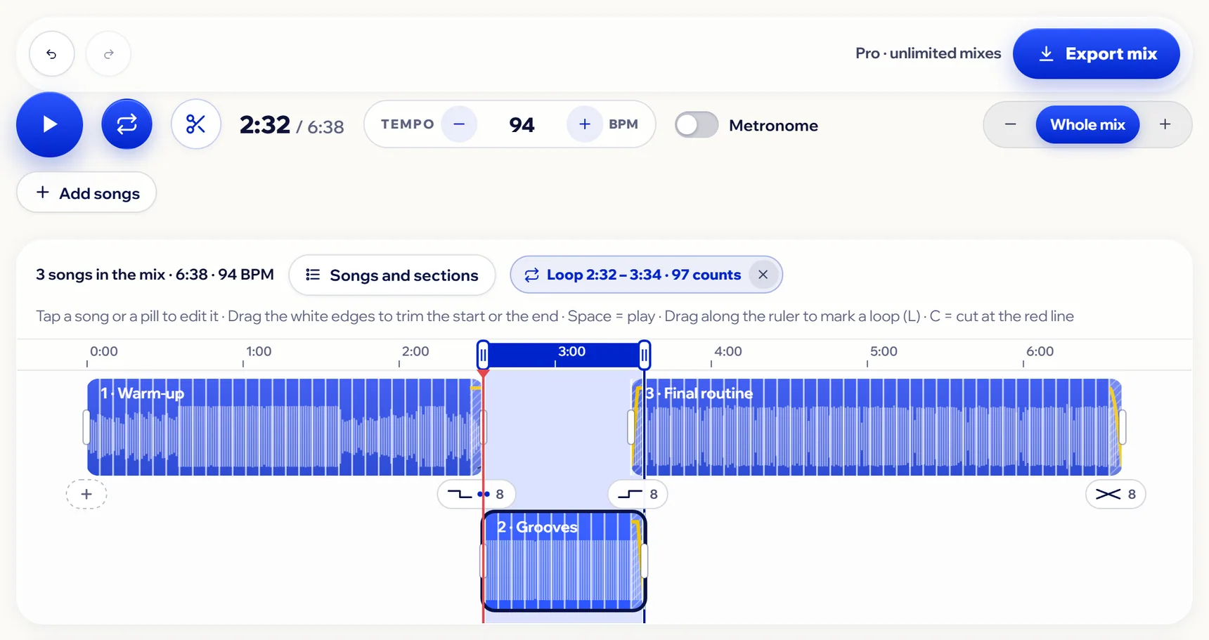 A loop over the second song: the blue strip on the ruler, the rest dimmed and the Loop pill with its times and the X.