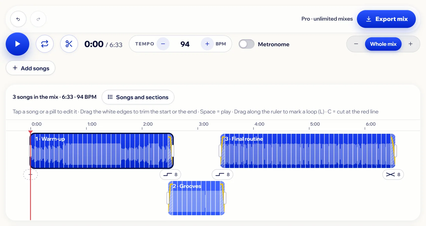 The Mixer editor: Play, Loop, clock, tempo and zoom at the top; below, three songs on two lanes and their transitions.