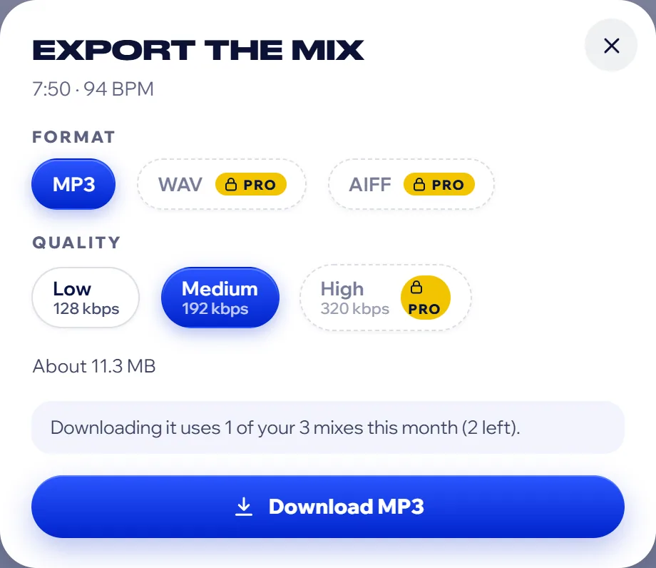 Exporting the mix on Free: MP3 in medium quality; WAV, AIFF and high quality carry the Pro padlock.