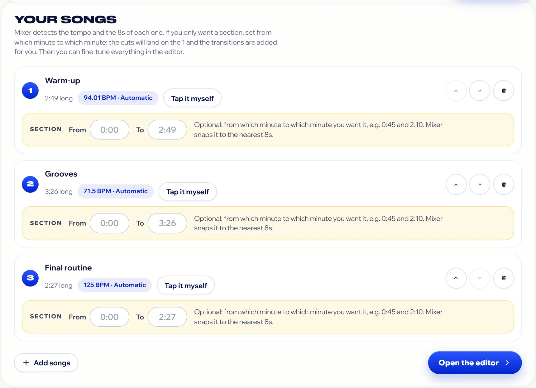 The Your songs list with three songs: each with its length, its detected tempo tagged Automatic and the From and To fields.
