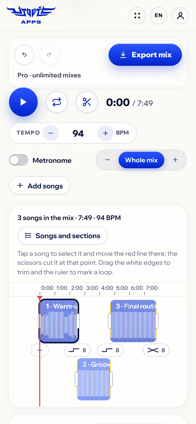Mixer on a phone: the transport with Play and the loop, the mix tempo and the timeline with the songs.