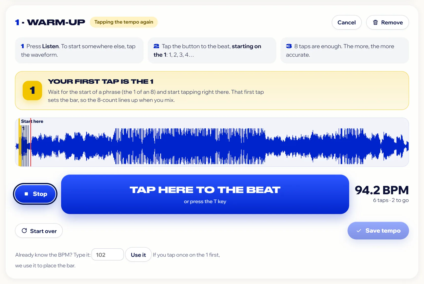 Tapping in the tempo: the Your first tap is the 1 note, the waveform with the taps, Tap here to the beat and Save tempo.