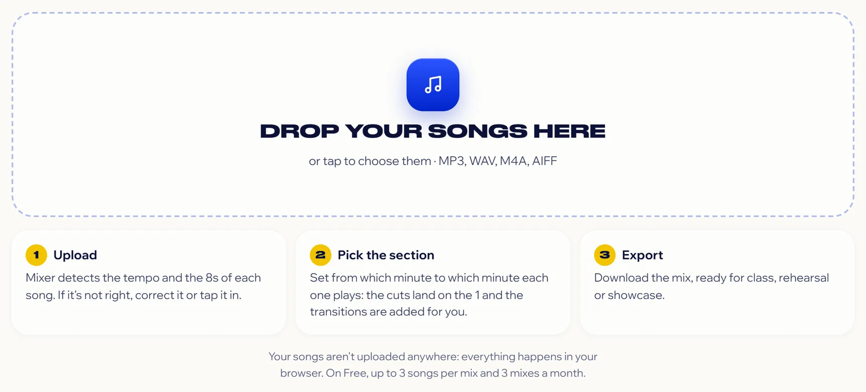 Mixer when you open it: the area to drop your songs and the three steps Upload, Pick the section and Export.