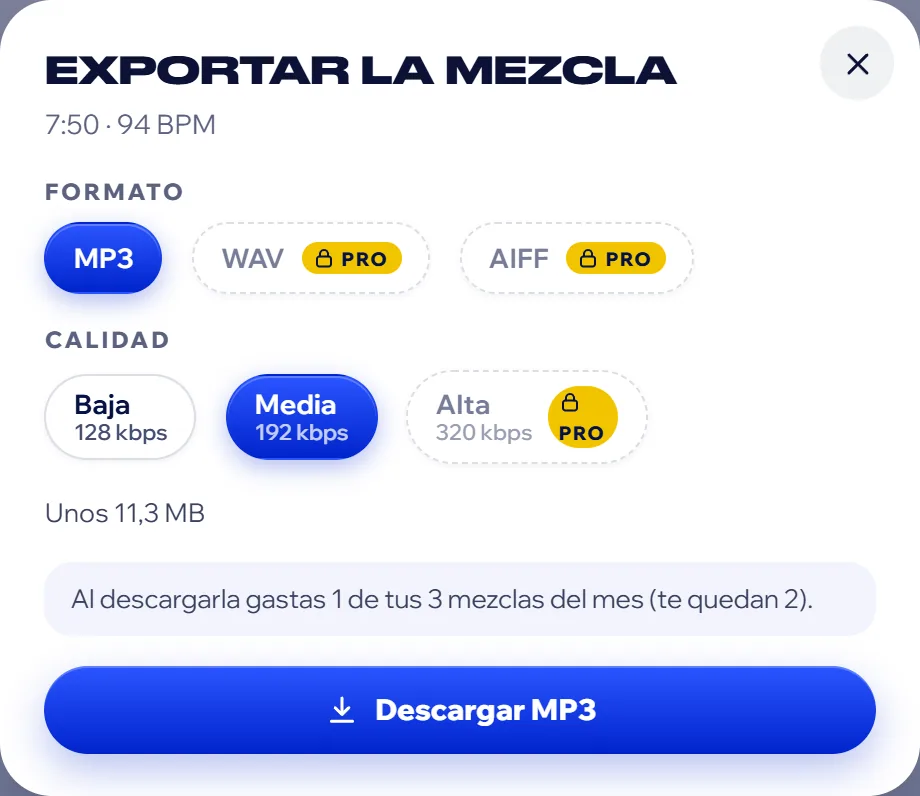 Exportar amb Free: MP3 en qualitat mitjana; WAV, AIFF i la qualitat alta porten el cadenat de Pro. (captura en castellà)
