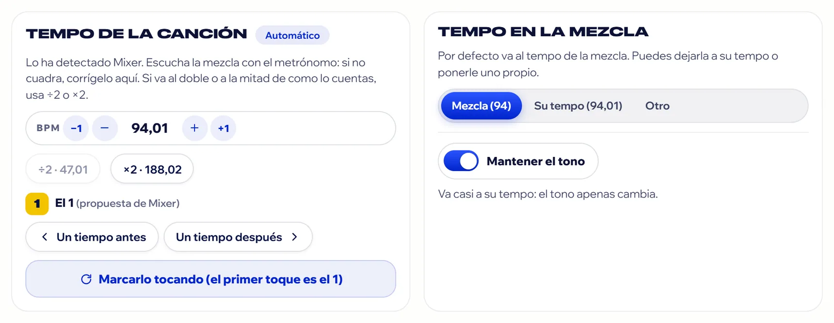 Panell d'una cançó: tempo Automàtic, BPM amb −1 i +1, ÷2 i ×2, i L'1 amb Un temps abans i després. (captura en castellà)