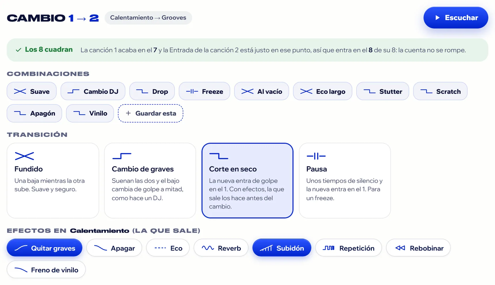 Canvi amb Pro i la combinació Drop: Tall en sec i, a la cançó que surt, Treure greus i Pujada encesos. (captura en castellà)
