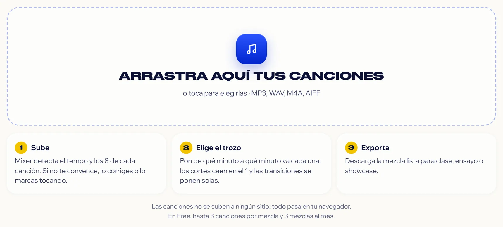 Mixer en entrar: la zona per arrossegar cançons i els tres passos Puja, Tria el tros i Exporta. (captura en castellà)