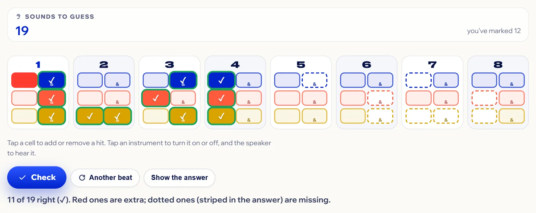 Ear training after Check: correct cells with a ✓, one extra in red and the missing ones with a dotted border.