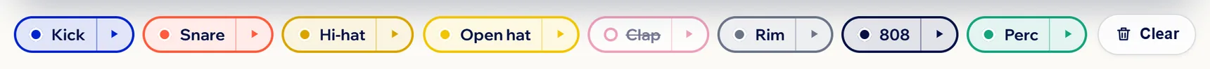 The eight Pro instruments, each with its colour; the clap is turned off and shows crossed out.