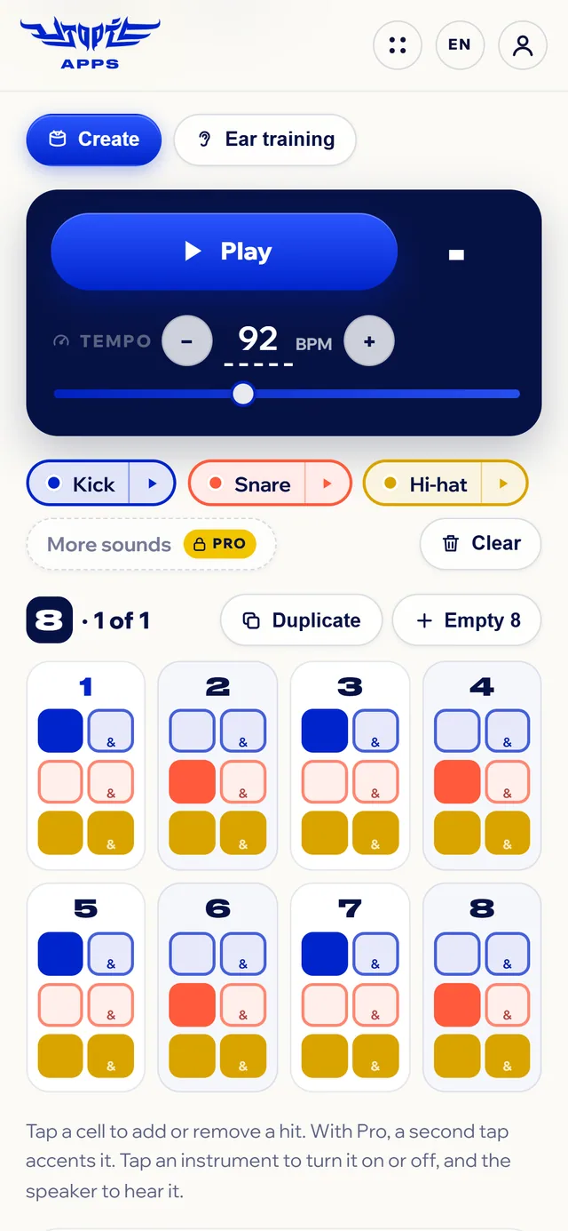 My Base on a phone: Play, count and tempo on top, the instruments and the cards from 1 to 8 in two rows.