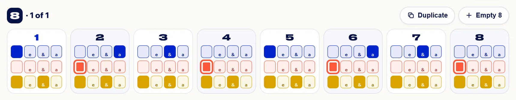The grid in e·&·a with the Boom bap beat: four cells per count, each with its subdivision letter.