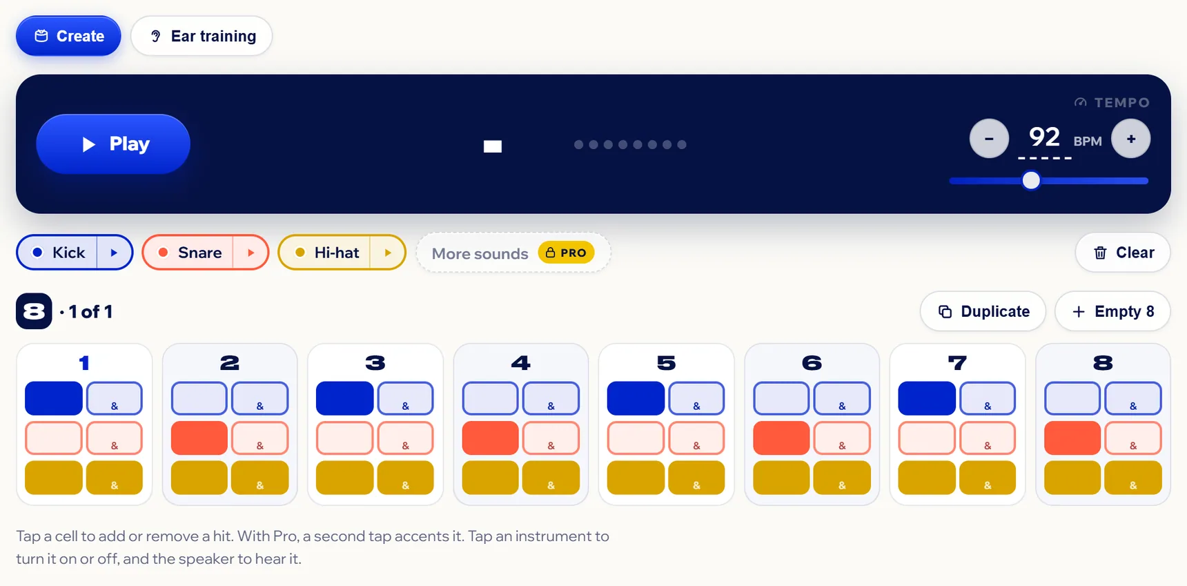 My Base with the Basic beat: Play, the count and the tempo at the top; the instruments and the eight cards below.