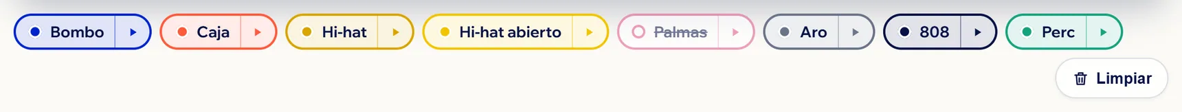 Los ocho instrumentos de Pro, cada uno con su color; las palmas están quitadas y salen tachadas.
