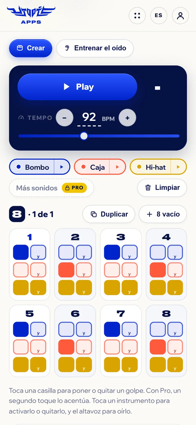 My Base en un móvil: Play, cuenta y tempo arriba, los instrumentos y las tarjetas del 1 al 8 en dos filas.
