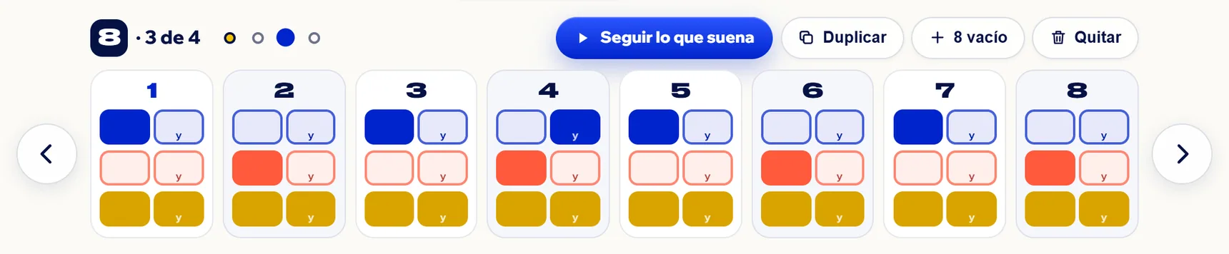 Suena el primer 8 mientras se ve el tercero: sale el botón Seguir lo que suena y el punto amarillo marca el que suena.