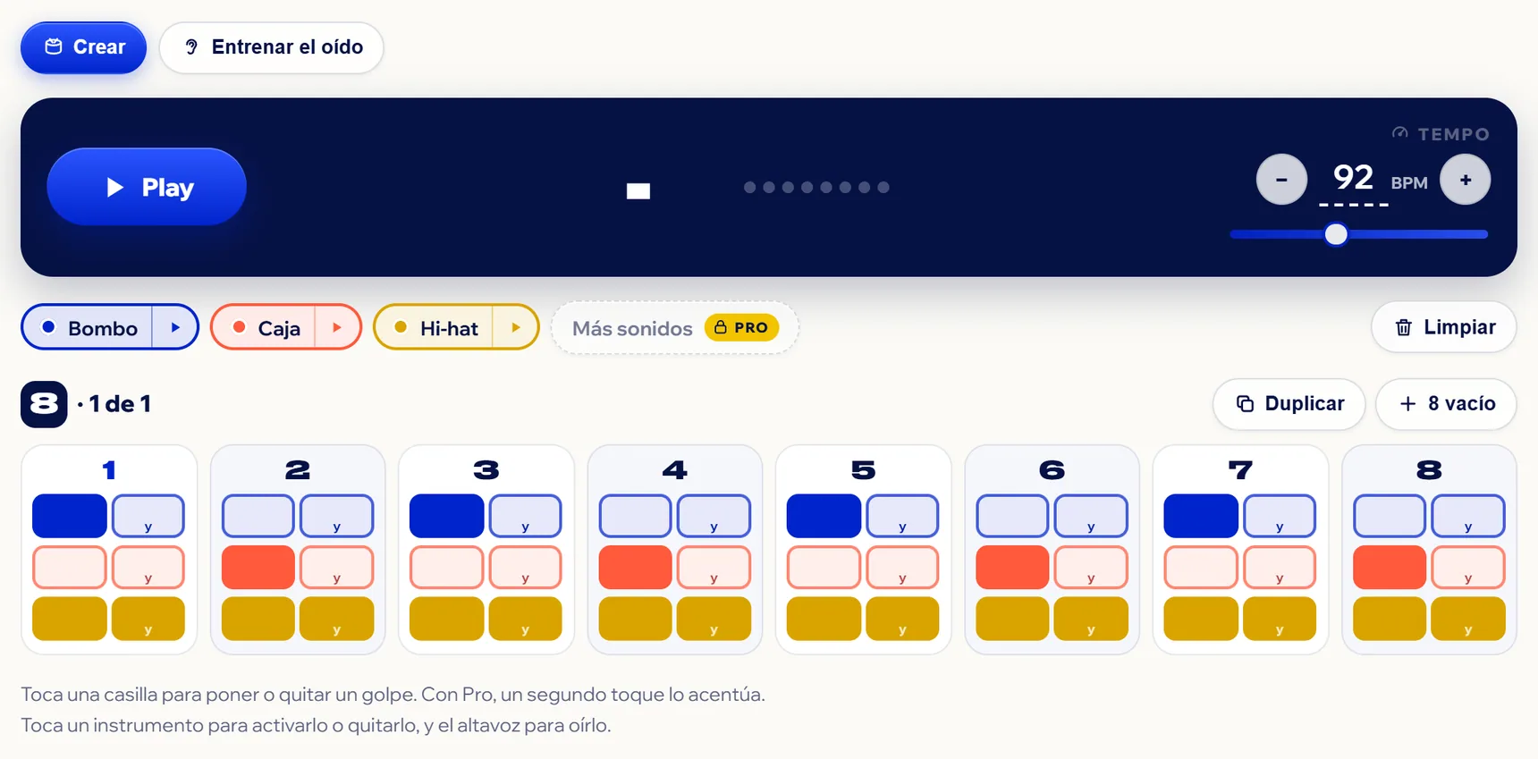 My Base con la base Básico: arriba, Play, la cuenta y el tempo; debajo, los instrumentos y las ocho tarjetas del compás.