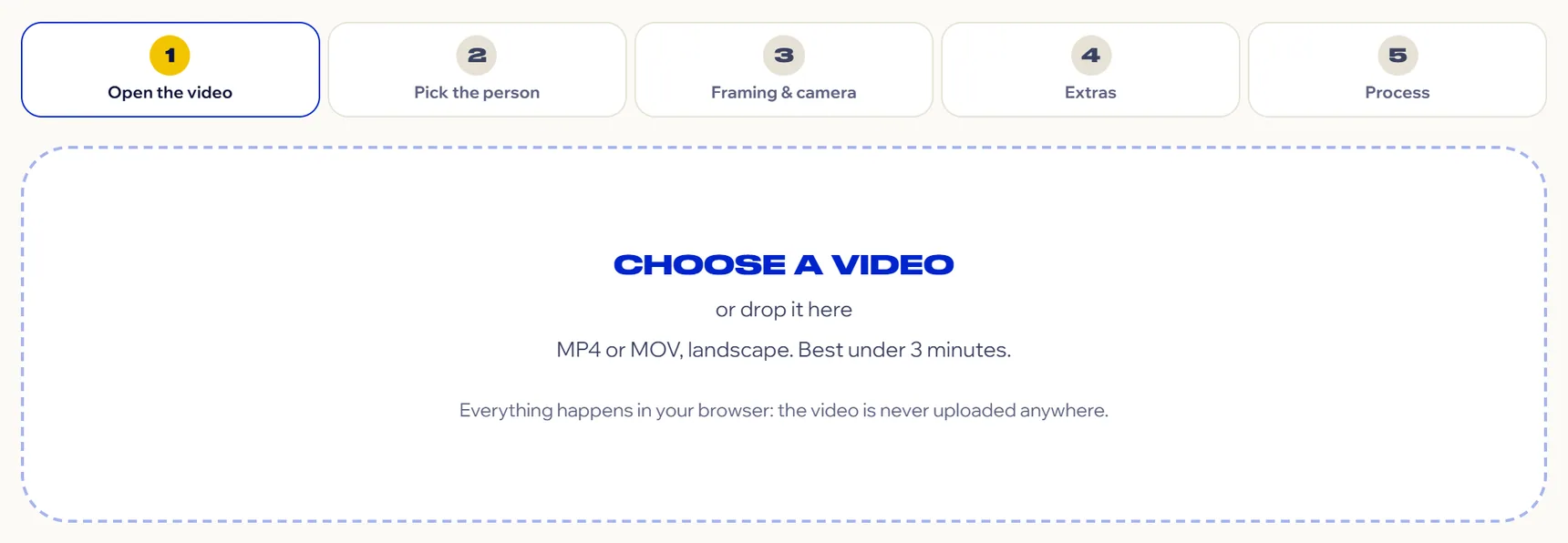 Reframe on step 1: the five-step bar at the top and, below it, the area to choose or drop the video.