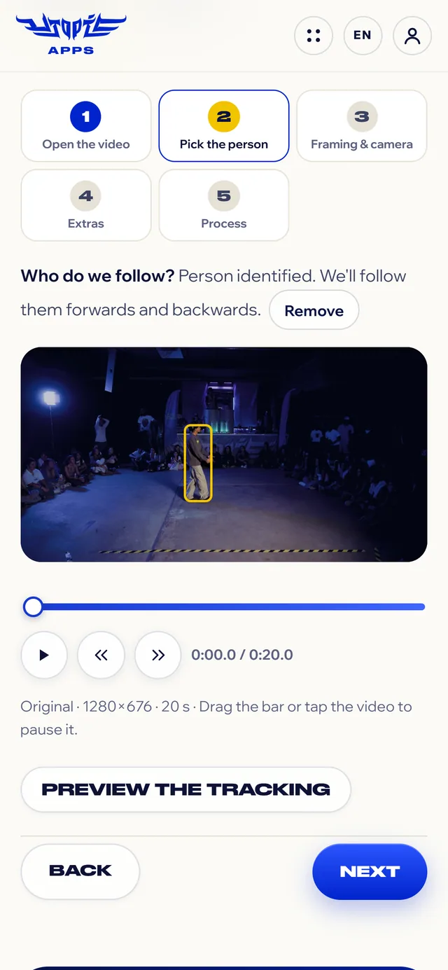 Reframe on a phone, on step 2: the step bar in two rows, the video with the box and the timeline below.