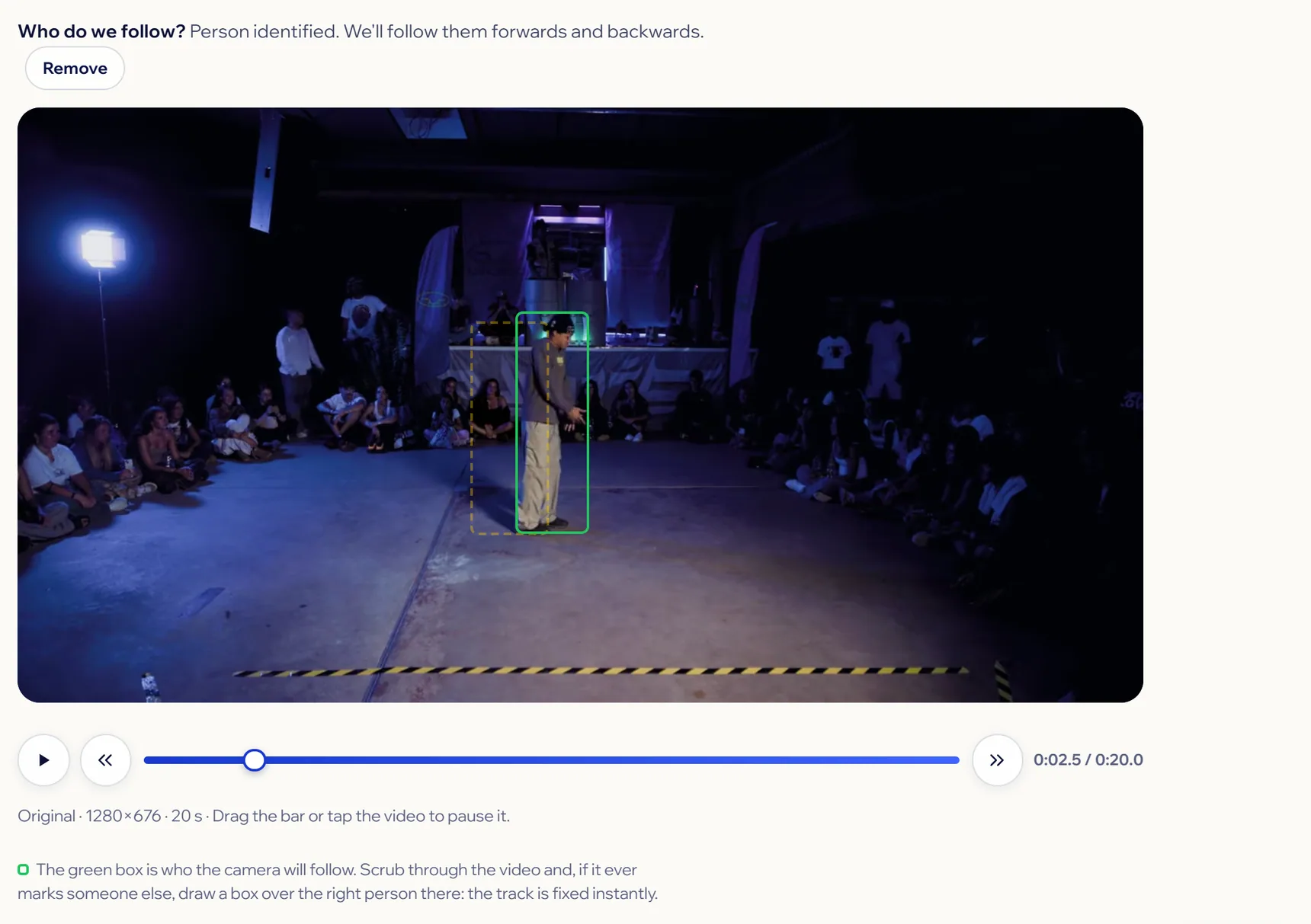 The green box on the dancer after Preview the tracking, with the explanation under the video.