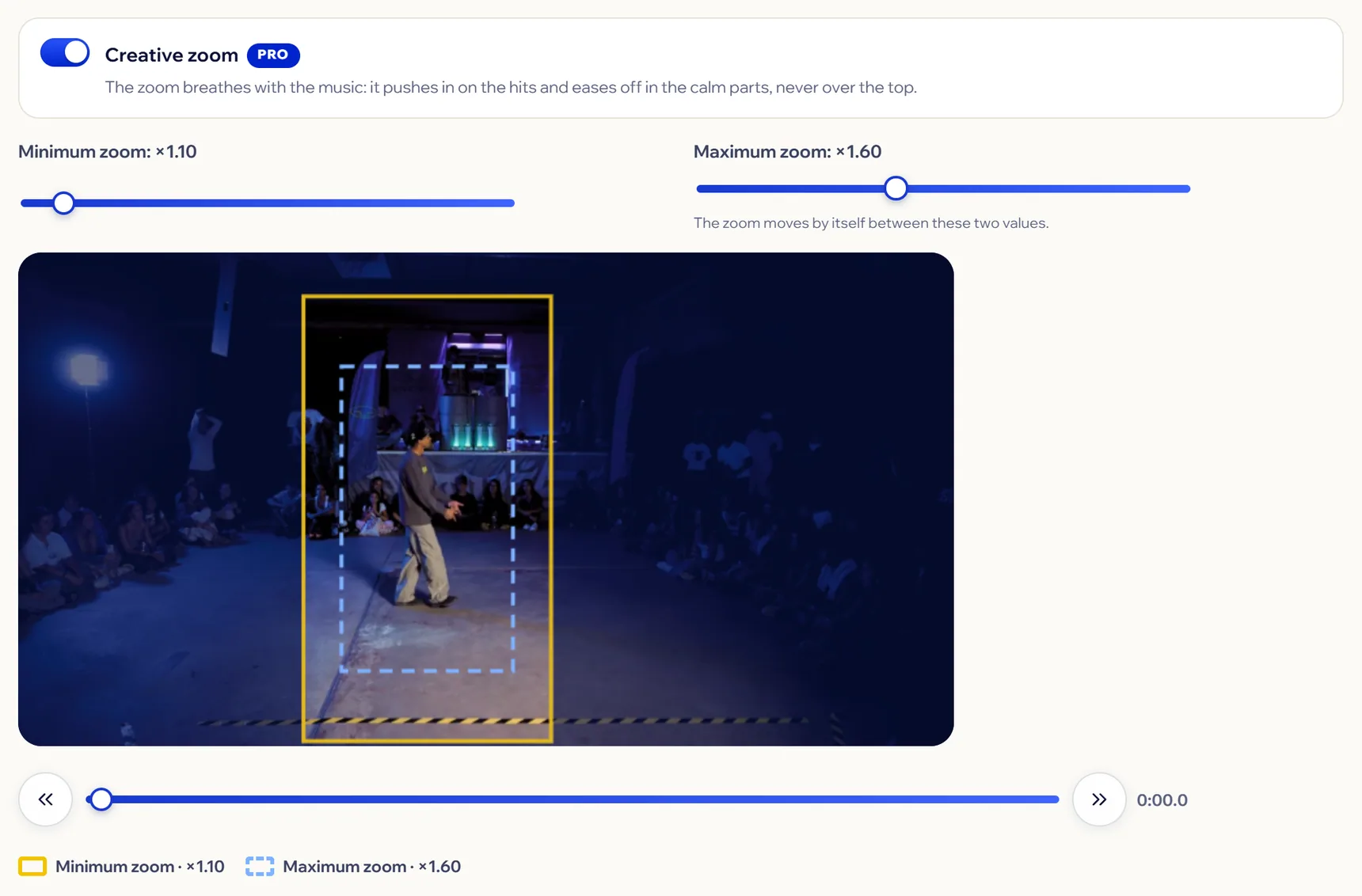 Step 3 on Pro with Creative zoom: Minimum and Maximum zoom, and the preview with the yellow box and the dashed blue one.