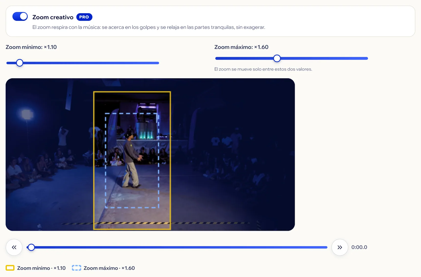 Paso 3 en Pro con Zoom creativo: Zoom mínimo y Zoom máximo, y la vista previa con el recuadro amarillo y el azul punteado.