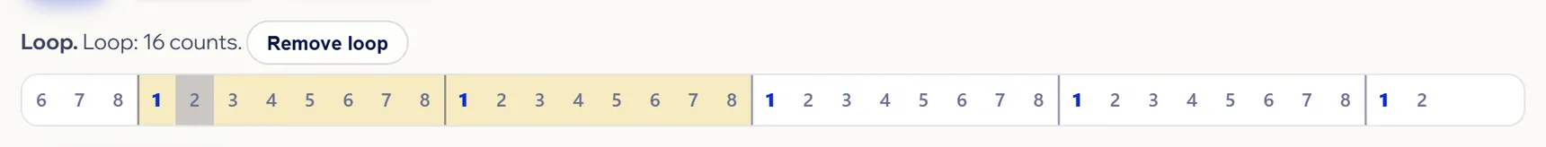 The strip of counts with a 16-count loop marked in yellow, and above it «Loop: 16 counts» with the Remove loop button.