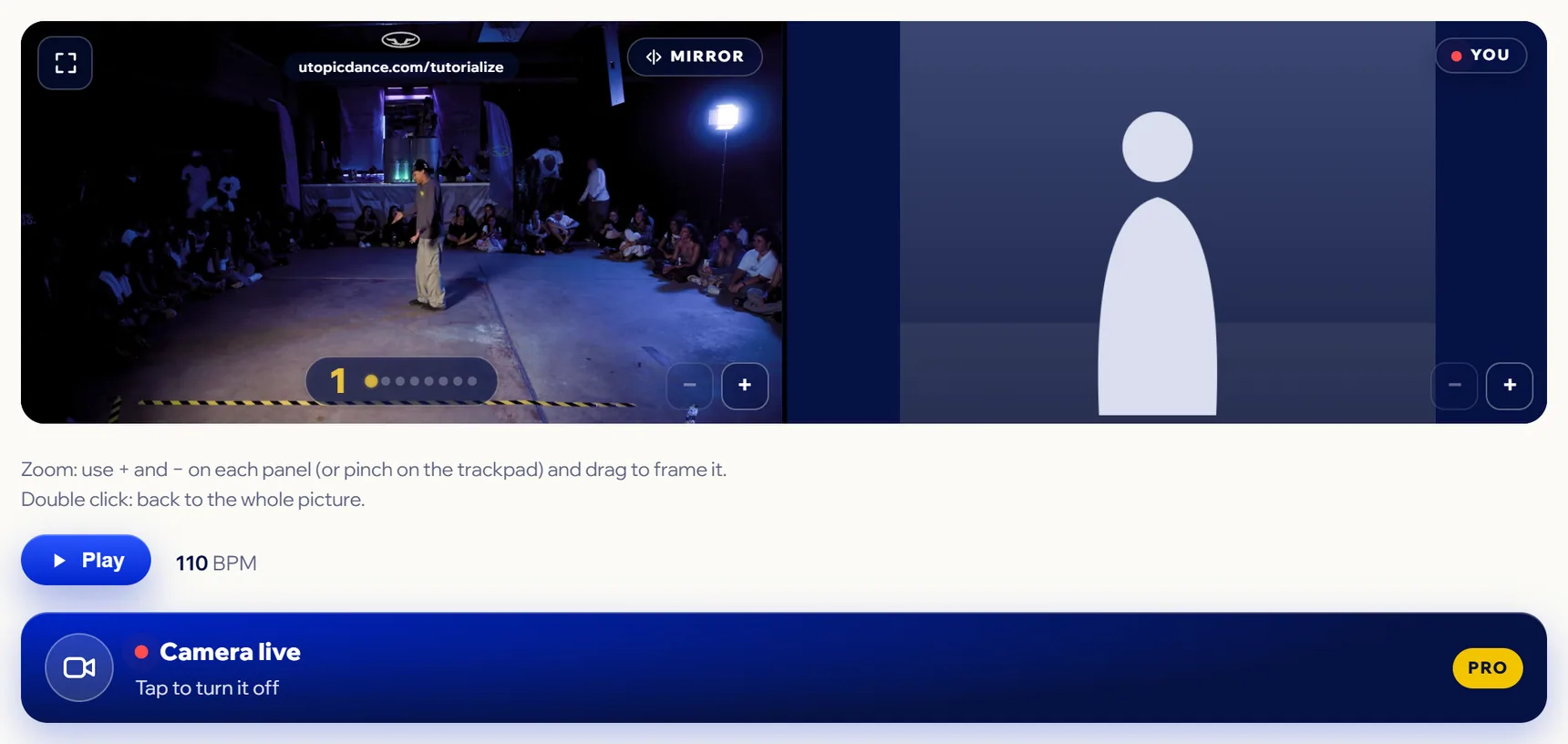 Camera mode: the tutorial on the left, your camera on the right with the YOU badge, and the Camera live button below.