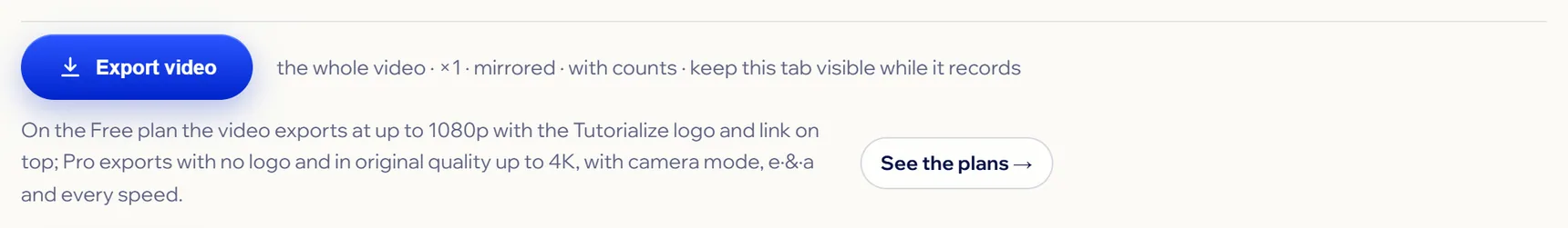The Export video button with the summary (the whole video, ×1, mirrored, with counts) and the Free plan note.