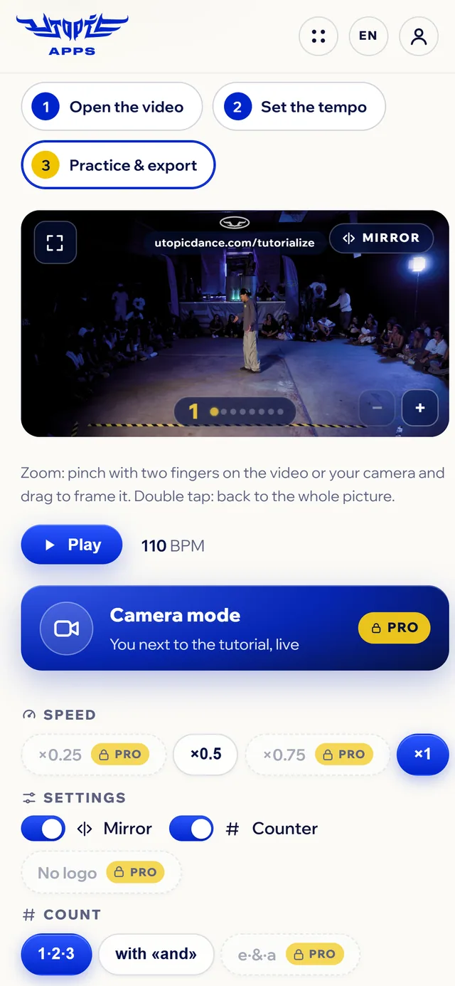 Tutorialize on a phone, on step 3: the mirrored video with the count, the Camera mode button and the speed.