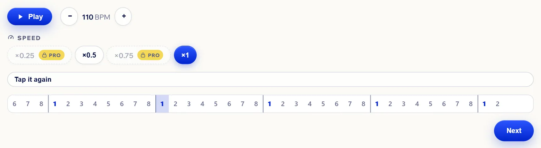Step 2 once tapped: the tempo with the − and + buttons, Tap it again and the strip of counts from 1 to 8.