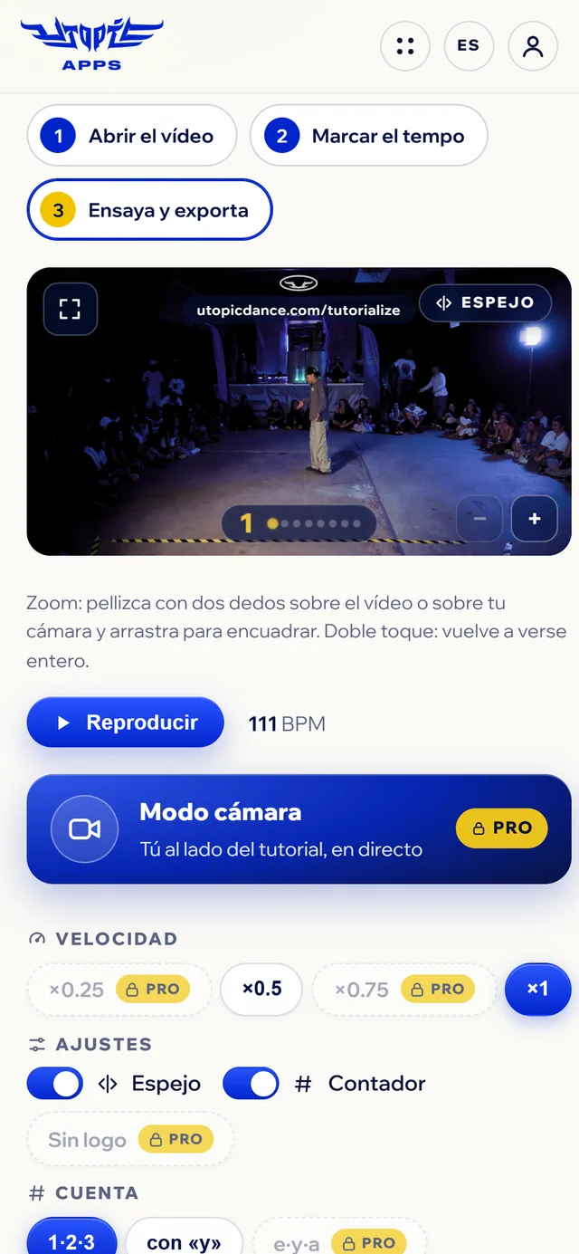 Tutorialize al mòbil, pas 3: el vídeo en mirall amb el compte, el botó Mode càmera i la velocitat. (captura en castellà)